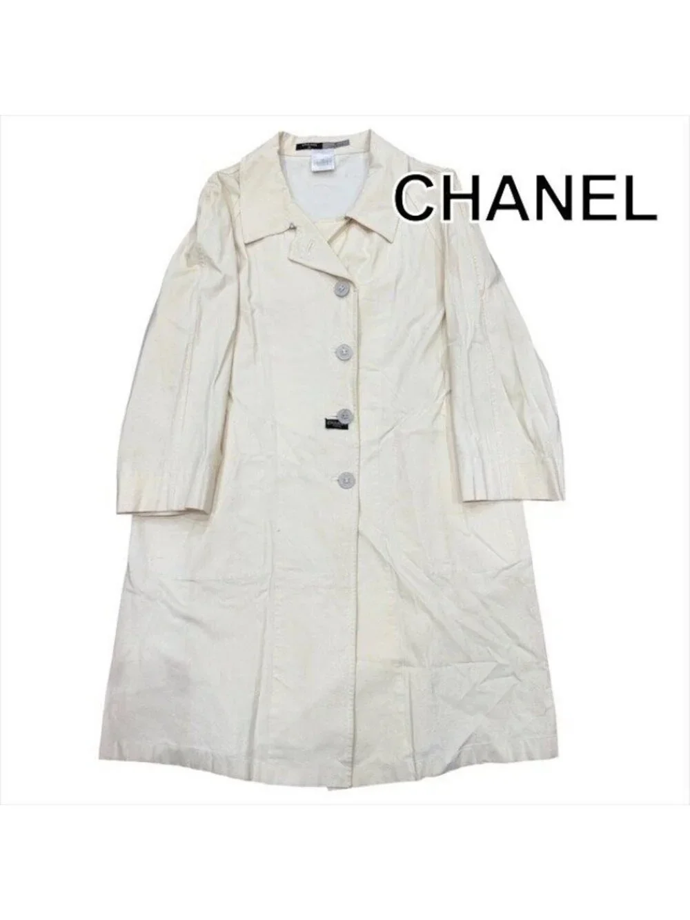 Chanel CC Logo Button Long Coat Ivory